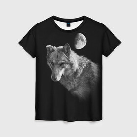 Женская футболка 3D с принтом Ночной Волк в Белгороде, 100% полиэфир ( синтетическое хлопкоподобное полотно) | прямой крой, круглый вырез горловины, длина до линии бедер | волк | волки | животные | звери | луна | ночь | серый | черно белый