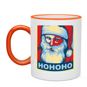 Кружка двухцветная с принтом Santa HOHOHO в Белгороде, керамика | объем — 330 мл, диаметр — 80 мм. Цветная ручка и кайма сверху, в некоторых цветах — вся внутренняя часть | Тематика изображения на принте: 