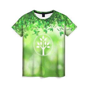 Женская футболка 3D с принтом Береги природу в Белгороде, 100% полиэфир ( синтетическое хлопкоподобное полотно) | прямой крой, круглый вырез горловины, длина до линии бедер | Тематика изображения на принте: береги природу | дерево | зелёная | зелень | листья | природа