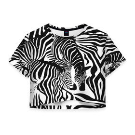 Женская футболка 3D укороченная с принтом Зебра в Белгороде, 100% полиэстер | круглая горловина, длина футболки до линии талии, рукава с отворотами | дикое | животное | зебра | камуфляж | лошадь | маскировка | полосы | текстура | фон | черно белые