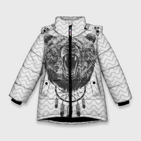 Зимняя куртка для девочек 3D с принтом Bear Dreamcatcher в Белгороде, ткань верха — 100% полиэстер; подклад — 100% полиэстер, утеплитель — 100% полиэстер. | длина ниже бедра, удлиненная спинка, воротник стойка и отстегивающийся капюшон. Есть боковые карманы с листочкой на кнопках, утяжки по низу изделия и внутренний карман на молнии. 

Предусмотрены светоотражающий принт на спинке, радужный светоотражающий элемент на пуллере молнии и на резинке для утяжки. | bear | beast | forest | russia | siberian | зверь | лес | ловец | медведь | россия | сибирь | сон | ярость