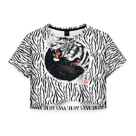 Женская футболка 3D укороченная с принтом Yin Yang Tigers в Белгороде, 100% полиэстер | круглая горловина, длина футболки до линии талии, рукава с отворотами | tiger | yin yang | инь ян | китай | сила | тигр | ярость