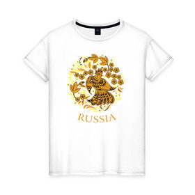 Женская футболка хлопок с принтом Russia Forever в Белгороде, 100% хлопок | прямой крой, круглый вырез горловины, длина до линии бедер, слегка спущенное плечо | народный | орнамент | роспись | традиционный