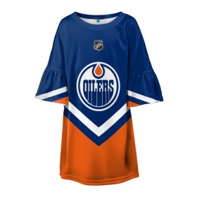 Детское платье 3D с принтом Edmonton Oilers в Белгороде, 100% полиэстер | прямой силуэт, чуть расширенный к низу. Круглая горловина, на рукавах — воланы | america | canada | hockey | nhl | usa | америка | детройт | канада | лед | нхл | ойлерз | сша | хоккей | эдмонтон
