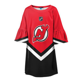 Детское платье 3D с принтом New Jersey Devils в Белгороде, 100% полиэстер | прямой силуэт, чуть расширенный к низу. Круглая горловина, на рукавах — воланы | america | canada | hockey | nhl | usa | америка | девилз | джерси | канада | лед | нхл | нью | сша | хоккей