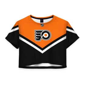 Женская футболка 3D укороченная с принтом Philadelphia Flyers в Белгороде, 100% полиэстер | круглая горловина, длина футболки до линии талии, рукава с отворотами | america | canada | hockey | nhl | usa | америка | канада | лед | нхл | сша | филадельфия | флайерз | хоккей