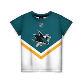Детская футболка 3D с принтом San Jose Sharks в Белгороде, 100% гипоаллергенный полиэфир | прямой крой, круглый вырез горловины, длина до линии бедер, чуть спущенное плечо, ткань немного тянется | america | canada | hockey | nhl | usa | акула | америка | канада | лед | нхл | сан хосе | сша | хоккей | шаркс