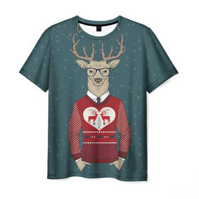 Мужская футболка 3D с принтом Олень хипстер в Белгороде, 100% полиэфир | прямой крой, круглый вырез горловины, длина до линии бедер | hipster | голова животного | животные | олень | олень хипстер | подарок на новый год | хипстер