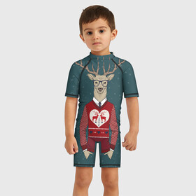 Детский купальный костюм 3D с принтом Олень хипстер в Белгороде, Полиэстер 85%, Спандекс 15% | застежка на молнии на спине | hipster | голова животного | животные | олень | олень хипстер | подарок на новый год | хипстер