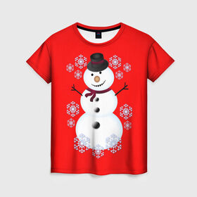Женская футболка 3D с принтом Снеговик в Белгороде, 100% полиэфир ( синтетическое хлопкоподобное полотно) | прямой крой, круглый вырез горловины, длина до линии бедер | 2017 | дед мороз | зима | новый год | снеговик | снежинки