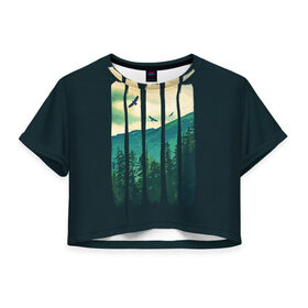 Женская футболка 3D укороченная с принтом Green Life в Белгороде, 100% полиэстер | круглая горловина, длина футболки до линии талии, рукава с отворотами | Тематика изображения на принте: bird | forest | green | mountain | nature | гора | дерево | деревья | зеленый | лес | природа | птицы