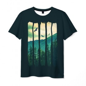 Мужская футболка 3D с принтом Green Life в Белгороде, 100% полиэфир | прямой крой, круглый вырез горловины, длина до линии бедер | Тематика изображения на принте: bird | forest | green | mountain | nature | гора | дерево | деревья | зеленый | лес | природа | птицы