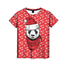 Женская футболка 3D с принтом Панда Клаус в Белгороде, 100% полиэфир ( синтетическое хлопкоподобное полотно) | прямой крой, круглый вырез горловины, длина до линии бедер | animal | bear | beast | claus | panda | santa | дед мороз | елка | зверь | клаус | медведь | новый год | панда | рождество | санта | снег