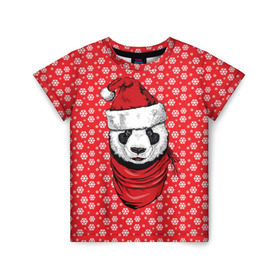 Детская футболка 3D с принтом Панда Клаус в Белгороде, 100% гипоаллергенный полиэфир | прямой крой, круглый вырез горловины, длина до линии бедер, чуть спущенное плечо, ткань немного тянется | animal | bear | beast | claus | panda | santa | дед мороз | елка | зверь | клаус | медведь | новый год | панда | рождество | санта | снег