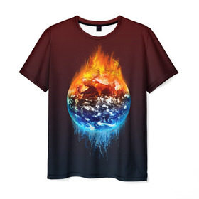 Мужская футболка 3D с принтом Огонь против воды в Белгороде, 100% полиэфир | прямой крой, круглый вырез горловины, длина до линии бедер | battle | fire | galaxy | planet | space | water | битва | вода | галактика | земля | космос | огонь | пламя | планета