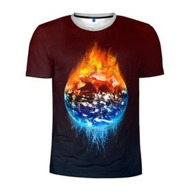 Мужская футболка 3D спортивная с принтом Огонь против воды в Белгороде, 100% полиэстер с улучшенными характеристиками | приталенный силуэт, круглая горловина, широкие плечи, сужается к линии бедра | battle | fire | galaxy | planet | space | water | битва | вода | галактика | земля | космос | огонь | пламя | планета