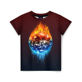 Детская футболка 3D с принтом Огонь против воды в Белгороде, 100% гипоаллергенный полиэфир | прямой крой, круглый вырез горловины, длина до линии бедер, чуть спущенное плечо, ткань немного тянется | battle | fire | galaxy | planet | space | water | битва | вода | галактика | земля | космос | огонь | пламя | планета