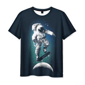Мужская футболка 3D с принтом Космический скейтбординг в Белгороде, 100% полиэфир | прямой крой, круглый вырез горловины, длина до линии бедер | cosmonaut | galaxy | planet | skate | space | star | галактика | звезды | космонавт | космос | планета | скейт