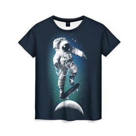 Женская футболка 3D с принтом Космический скейтбординг в Белгороде, 100% полиэфир ( синтетическое хлопкоподобное полотно) | прямой крой, круглый вырез горловины, длина до линии бедер | cosmonaut | galaxy | planet | skate | space | star | галактика | звезды | космонавт | космос | планета | скейт