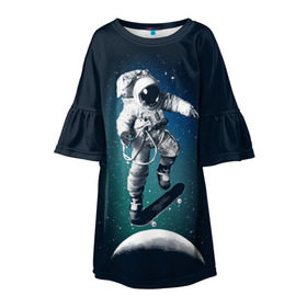 Детское платье 3D с принтом Космический скейтбординг в Белгороде, 100% полиэстер | прямой силуэт, чуть расширенный к низу. Круглая горловина, на рукавах — воланы | cosmonaut | galaxy | planet | skate | space | star | галактика | звезды | космонавт | космос | планета | скейт