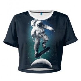 Женская футболка 3D укороченная с принтом Космический скейтбординг в Белгороде, 100% полиэстер | круглая горловина, длина футболки до линии талии, рукава с отворотами | cosmonaut | galaxy | planet | skate | space | star | галактика | звезды | космонавт | космос | планета | скейт