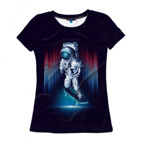 Женская футболка 3D с принтом Космический скейтбордист в Белгороде, 100% полиэфир ( синтетическое хлопкоподобное полотно) | прямой крой, круглый вырез горловины, длина до линии бедер | Тематика изображения на принте: 