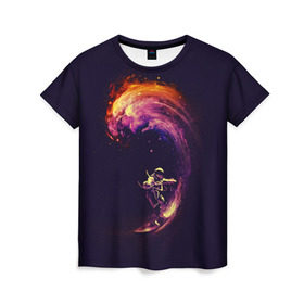 Женская футболка 3D с принтом Космический серфинг в Белгороде, 100% полиэфир ( синтетическое хлопкоподобное полотно) | прямой крой, круглый вырез горловины, длина до линии бедер | Тематика изображения на принте: cosmonaut | galaxy | planet | space | star | surf | галактика | звезды | космонавт | космос | планета | серф