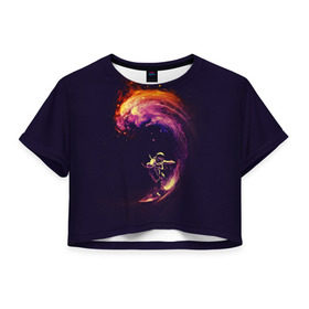 Женская футболка 3D укороченная с принтом Космический серфинг в Белгороде, 100% полиэстер | круглая горловина, длина футболки до линии талии, рукава с отворотами | cosmonaut | galaxy | planet | space | star | surf | галактика | звезды | космонавт | космос | планета | серф