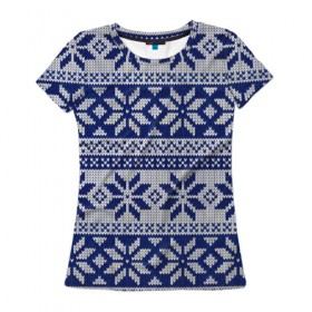 Женская футболка 3D с принтом Синий свитер в Белгороде, 100% полиэфир ( синтетическое хлопкоподобное полотно) | прямой крой, круглый вырез горловины, длина до линии бедер | рождество | свитер | снег