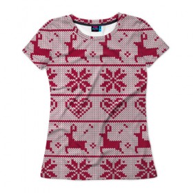 Женская футболка 3D с принтом Розовый свитер в Белгороде, 100% полиэфир ( синтетическое хлопкоподобное полотно) | прямой крой, круглый вырез горловины, длина до линии бедер | ангел | ёлка | ель | зима | колокольчик | нг | новый год | олень | рождество | санта | свитер | снег