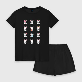 Женская пижама с шортиками хлопок с принтом 12 эмоций бультерьера в Белгороде, 100% хлопок | футболка прямого кроя, шорты свободные с широкой мягкой резинкой | emoji | булечка | булик | буль | бультерьер | смайл | собака | эмоджи | эмодзи