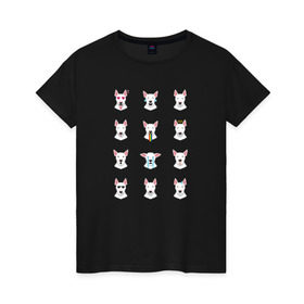 Женская футболка хлопок с принтом 12 эмоций бультерьера в Белгороде, 100% хлопок | прямой крой, круглый вырез горловины, длина до линии бедер, слегка спущенное плечо | Тематика изображения на принте: emoji | булечка | булик | буль | бультерьер | смайл | собака | эмоджи | эмодзи