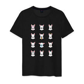 Мужская футболка хлопок с принтом 12 эмоций бультерьера в Белгороде, 100% хлопок | прямой крой, круглый вырез горловины, длина до линии бедер, слегка спущенное плечо. | Тематика изображения на принте: emoji | булечка | булик | буль | бультерьер | смайл | собака | эмоджи | эмодзи