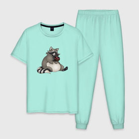 Мужская пижама хлопок с принтом Енотик в Белгороде, 100% хлопок | брюки и футболка прямого кроя, без карманов, на брюках мягкая резинка на поясе и по низу штанин
 | акварель | енот | кекс | мафин | сладкоежка