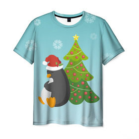 Мужская футболка 3D с принтом Новогодний пингвинчик в Белгороде, 100% полиэфир | прямой крой, круглый вырез горловины, длина до линии бедер | Тематика изображения на принте: елка | новый год | пингвин