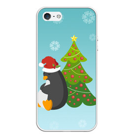 Чехол для iPhone 5/5S матовый с принтом Новогодний пингвинчик в Белгороде, Силикон | Область печати: задняя сторона чехла, без боковых панелей | елка | новый год | пингвин