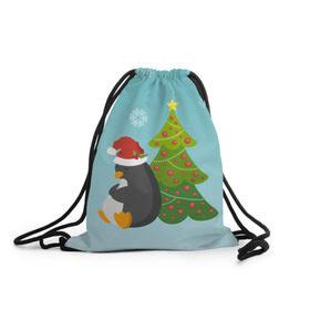 Рюкзак-мешок 3D с принтом Новогодний пингвинчик в Белгороде, 100% полиэстер | плотность ткани — 200 г/м2, размер — 35 х 45 см; лямки — толстые шнурки, застежка на шнуровке, без карманов и подкладки | елка | новый год | пингвин