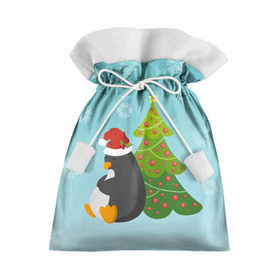 Подарочный 3D мешок с принтом Новогодний пингвинчик в Белгороде, 100% полиэстер | Размер: 29*39 см | елка | новый год | пингвин