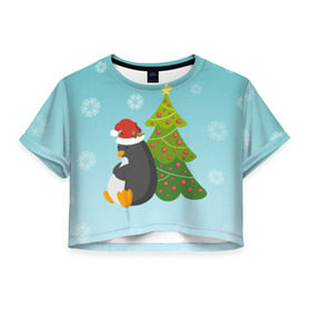 Женская футболка 3D укороченная с принтом Новогодний пингвинчик в Белгороде, 100% полиэстер | круглая горловина, длина футболки до линии талии, рукава с отворотами | елка | новый год | пингвин