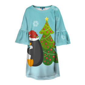 Детское платье 3D с принтом Новогодний пингвинчик в Белгороде, 100% полиэстер | прямой силуэт, чуть расширенный к низу. Круглая горловина, на рукавах — воланы | елка | новый год | пингвин
