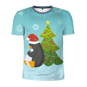 Мужская футболка 3D спортивная с принтом Новогодний пингвинчик в Белгороде, 100% полиэстер с улучшенными характеристиками | приталенный силуэт, круглая горловина, широкие плечи, сужается к линии бедра | елка | новый год | пингвин
