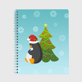 Тетрадь с принтом Новогодний пингвинчик в Белгороде, 100% бумага | 48 листов, плотность листов — 60 г/м2, плотность картонной обложки — 250 г/м2. Листы скреплены сбоку удобной пружинной спиралью. Уголки страниц и обложки скругленные. Цвет линий — светло-серый
 | елка | новый год | пингвин