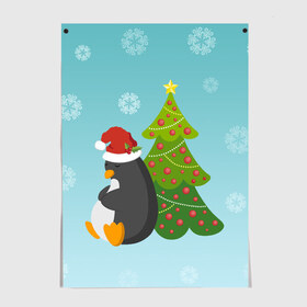 Постер с принтом Новогодний пингвинчик в Белгороде, 100% бумага
 | бумага, плотность 150 мг. Матовая, но за счет высокого коэффициента гладкости имеет небольшой блеск и дает на свету блики, но в отличии от глянцевой бумаги не покрыта лаком | елка | новый год | пингвин
