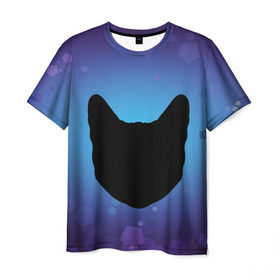 Мужская футболка 3D с принтом Силуэт черной кошки в Белгороде, 100% полиэфир | прямой крой, круглый вырез горловины, длина до линии бедер | кошка | силуэт | синий | фиолетовый | черный