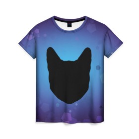 Женская футболка 3D с принтом Силуэт черной кошки в Белгороде, 100% полиэфир ( синтетическое хлопкоподобное полотно) | прямой крой, круглый вырез горловины, длина до линии бедер | кошка | силуэт | синий | фиолетовый | черный