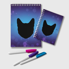 Блокнот с принтом Силуэт черной кошки в Белгороде, 100% бумага | 48 листов, плотность листов — 60 г/м2, плотность картонной обложки — 250 г/м2. Листы скреплены удобной пружинной спиралью. Цвет линий — светло-серый
 | Тематика изображения на принте: кошка | силуэт | синий | фиолетовый | черный