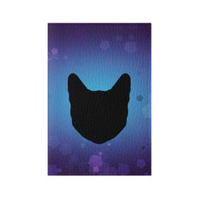 Обложка для паспорта матовая кожа с принтом Силуэт черной кошки в Белгороде, натуральная матовая кожа | размер 19,3 х 13,7 см; прозрачные пластиковые крепления | Тематика изображения на принте: кошка | силуэт | синий | фиолетовый | черный