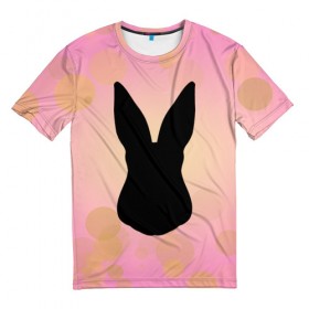 Мужская футболка 3D с принтом Силуэт зайчика в Белгороде, 100% полиэфир | прямой крой, круглый вырез горловины, длина до линии бедер | зайчик | персиковый | розовый | силуэт
