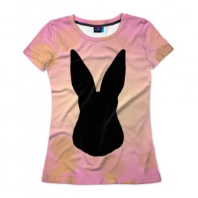 Женская футболка 3D с принтом Силуэт зайчика в Белгороде, 100% полиэфир ( синтетическое хлопкоподобное полотно) | прямой крой, круглый вырез горловины, длина до линии бедер | зайчик | персиковый | розовый | силуэт