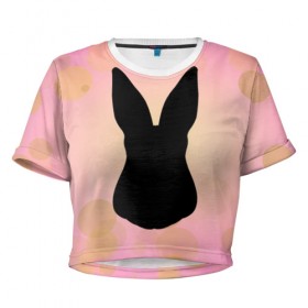 Женская футболка 3D укороченная с принтом Силуэт зайчика в Белгороде, 100% полиэстер | круглая горловина, длина футболки до линии талии, рукава с отворотами | зайчик | персиковый | розовый | силуэт